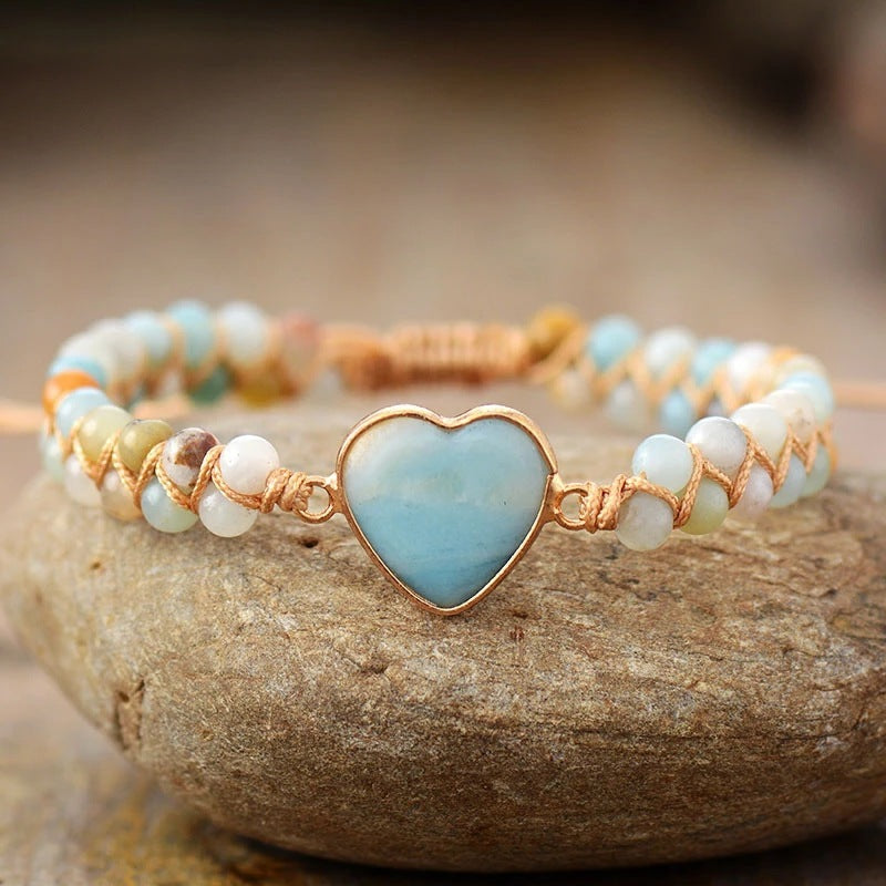 Heart Shape Charm Bracelet - Adjustable Amazonite Macrame Wristband for Women and Teens