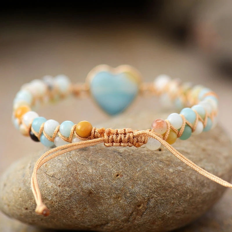Heart Shape Charm Bracelet - Adjustable Amazonite Macrame Wristband for Women and Teens