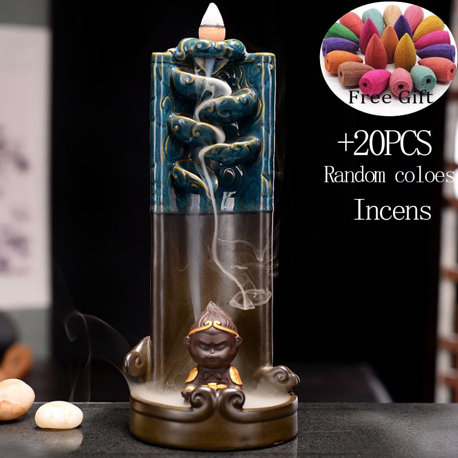 Monkey King Smoke Waterfall Censer Smoke Waterfall Ceramic Backflow Incense Burner Holder Creative Home Decor Gift Ornaments