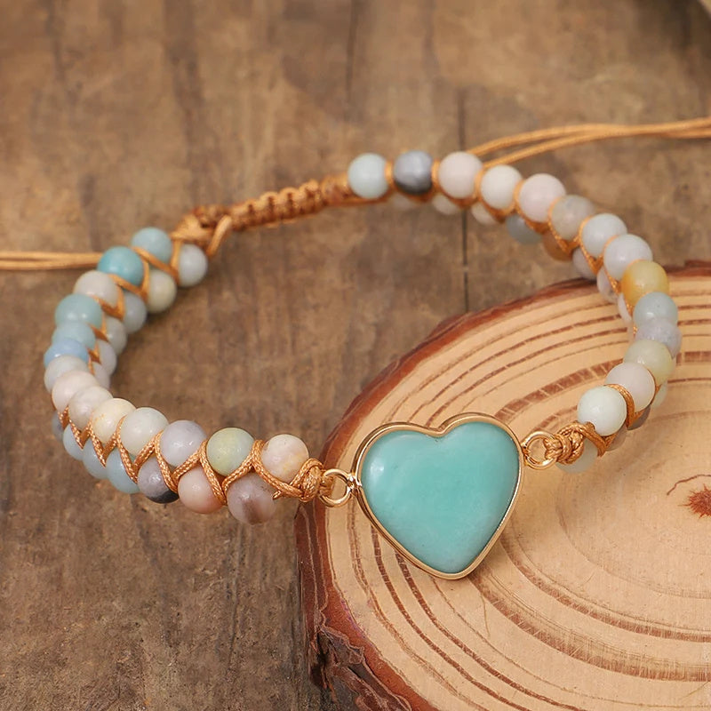 Heart Shape Charm Bracelet - Adjustable Amazonite Macrame Wristband for Women and Teens