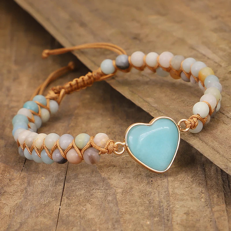 Heart Shape Charm Bracelet - Adjustable Amazonite Macrame Wristband for Women and Teens