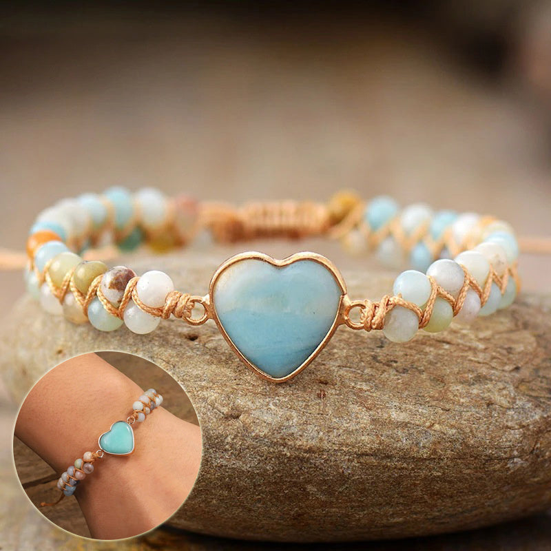 Heart Shape Charm Bracelet - Adjustable Amazonite Macrame Wristband for Women and Teens