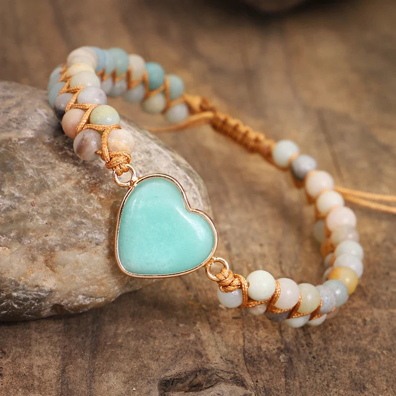 Heart Shape Charm Bracelet - Adjustable Amazonite Macrame Wristband for Women and Teens
