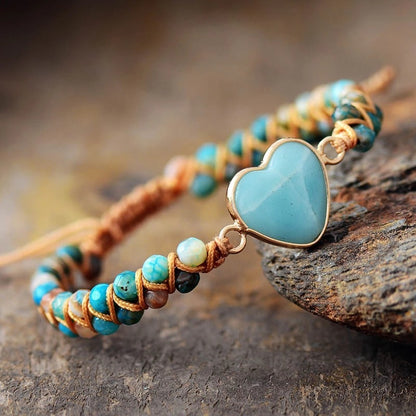 Heart Shape Charm Bracelet - Adjustable Amazonite Macrame Wristband for Women and Teens