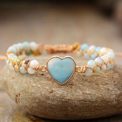 Heart Shape Charm Bracelet - Adjustable Amazonite Macrame Wristband for Women and Teens