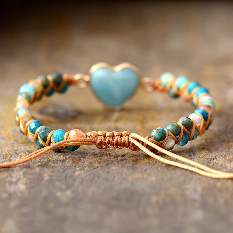 Heart Shape Charm Bracelet - Adjustable Amazonite Macrame Wristband for Women and Teens