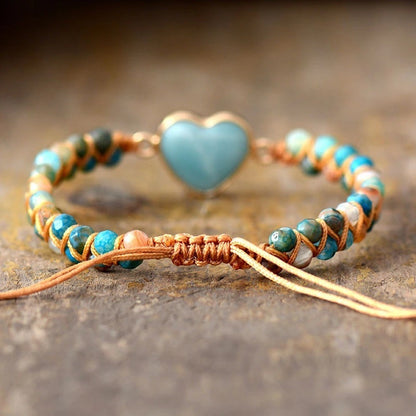 Heart Shape Charm Bracelet - Adjustable Amazonite Macrame Wristband for Women and Teens
