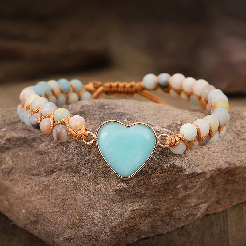 Heart Shape Charm Bracelet - Adjustable Amazonite Macrame Wristband for Women and Teens
