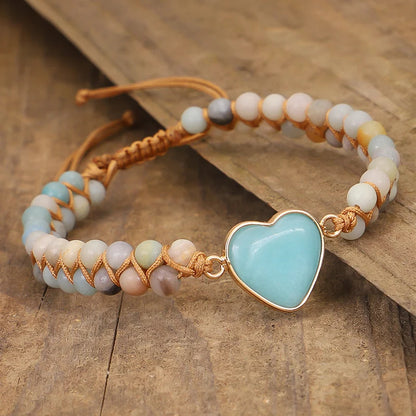 Heart Shape Charm Bracelet - Adjustable Amazonite Macrame Wristband for Women and Teens