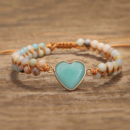 Heart Shape Charm Bracelet - Adjustable Amazonite Macrame Wristband for Women and Teens